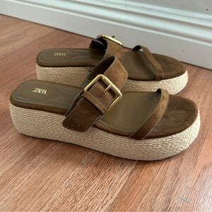 Zara Espadrille Platform Sandals in Khaki Green Womens Size 38 / 7.5